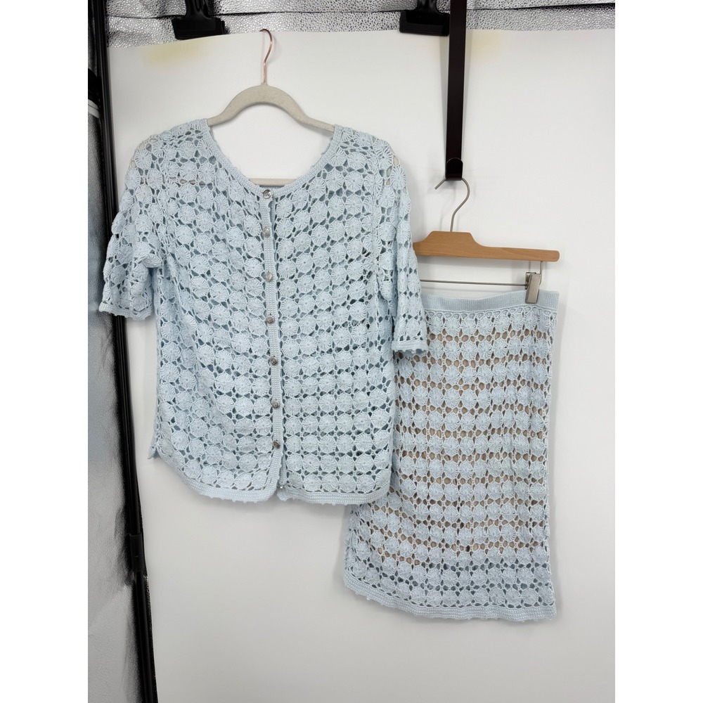 Massimo Dutti Crochet Skirt Set Women M Light Blue Cotton 2 Piece Cardigan Skirt